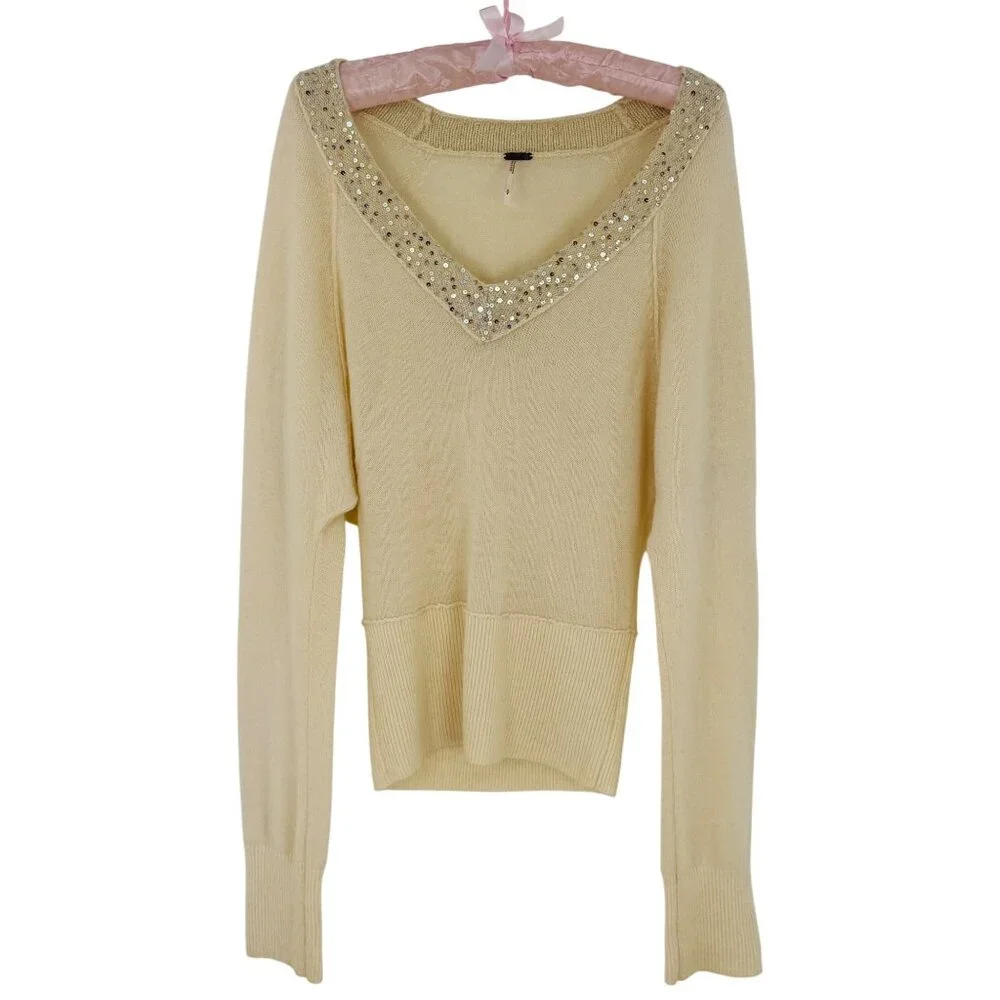 Vintage Free People Sequin V-Neck Cream Knit Sweater | Luxe Boho Soft Girl Y2K S - Picture 10 of 15
